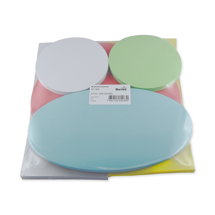 Berec Self-Adhesive Moderation Cards assorted: with 50 rectangles each 20.5 x 9.5 cm in white and yellow, 50 circles each 9.5 cm in white and green, 50 circles 18.5 cm in pink, 50 ovals 18.5 x 10.5 cm in blue