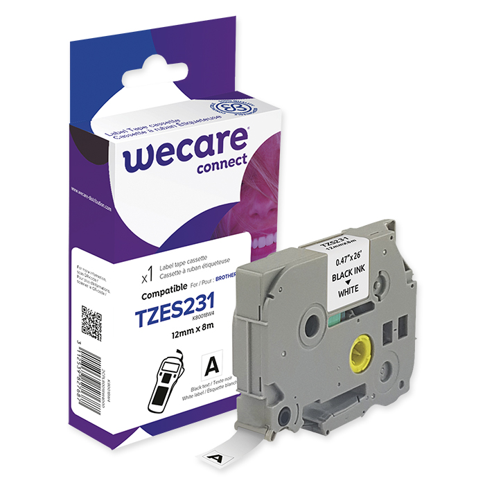 WECARE P-Touch Ruban-cassette TZe, 12 mm TZE-S231, noir sur blanc, à forte adhérence