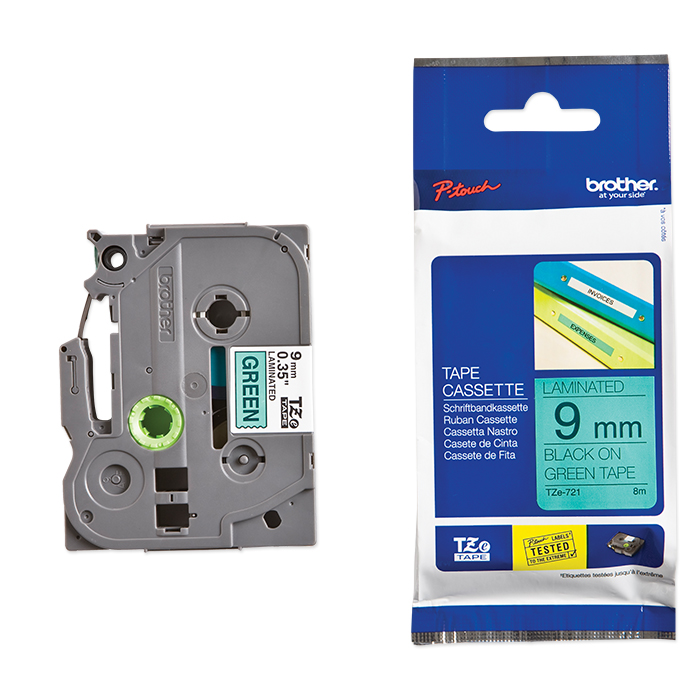 Brother P-Touch Tape Cartridge TZe, laminated, 9 mm Black on green tape