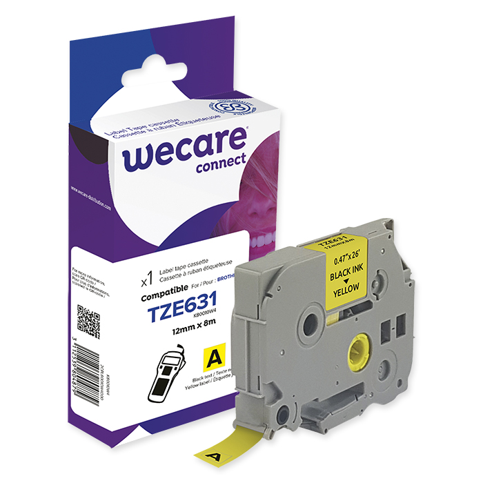 WECARE P-Touch Tape Cartridge TZe, 12 mm TZE-631, black on yellow