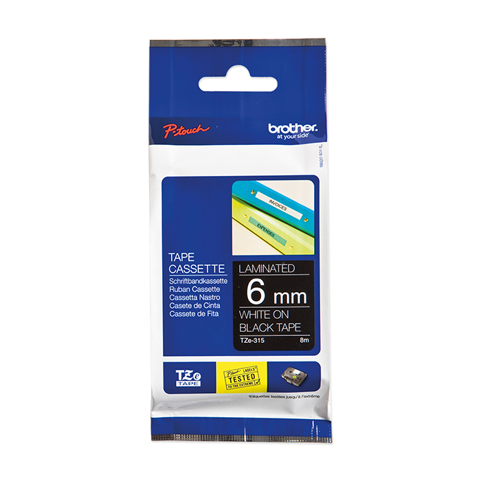 Brother P-Touch Tape Cartridge TZe, laminated, 6 mm White on black tape