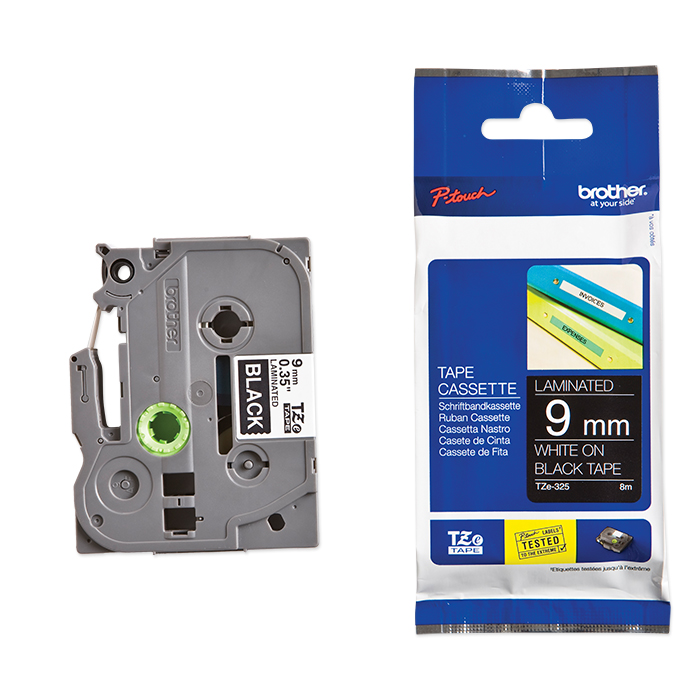 Brother P-Touch Tape Cartridge TZe, laminated, 9 mm White on black tape