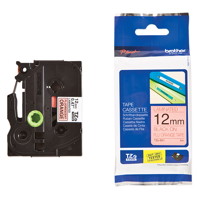 Brother P-Touch Tape Cartridge TZe, laminated, 12 mm Black on fluorescent-orange tape