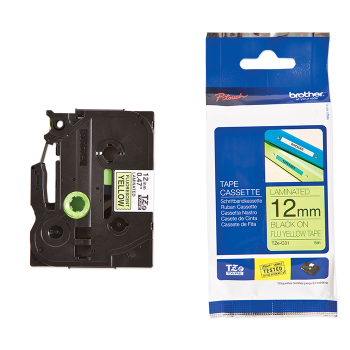 Brother P-Touch Tape Cartridge TZe, laminated, 12 mm Black on fluorescent-yellow tape