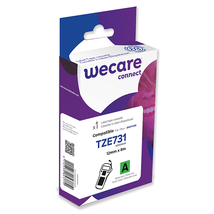 WECARE P-Touch Tape Cartridge TZe, 12 mm TZE-731, black on green