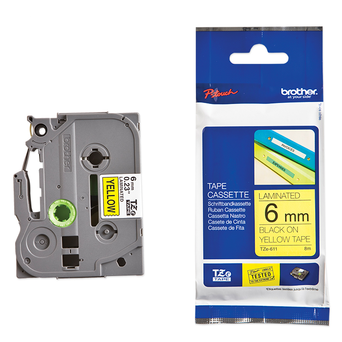 Brother P-Touch Tape Cartridge TZe, laminated, 6 mm Black on yellow tape