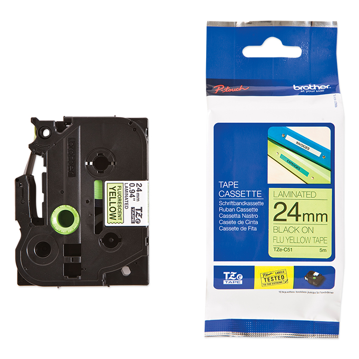 Brother P-Touch Tape Cartridge TZe, laminated, 24 mm Black on fluorescent-yellow tape