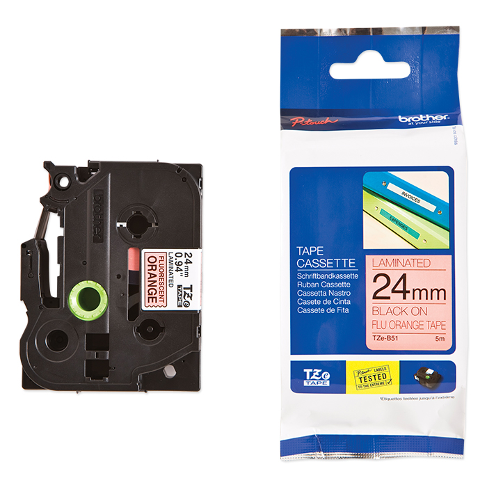 Brother P-Touch Tape Cartridge TZe, laminated, 24 mm Black on fluorescent-orange tape