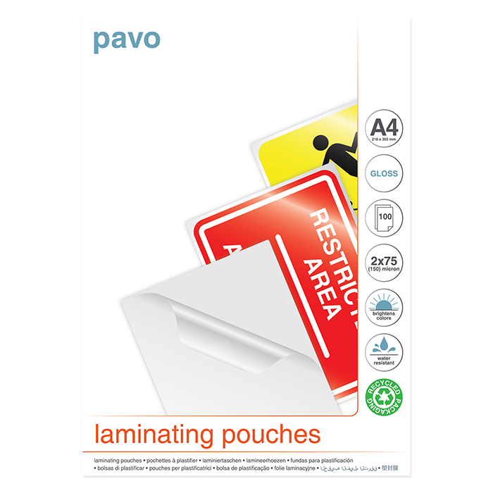 PAVO Laminated transparent pockets 75 my, A4, 216 x 303 mm