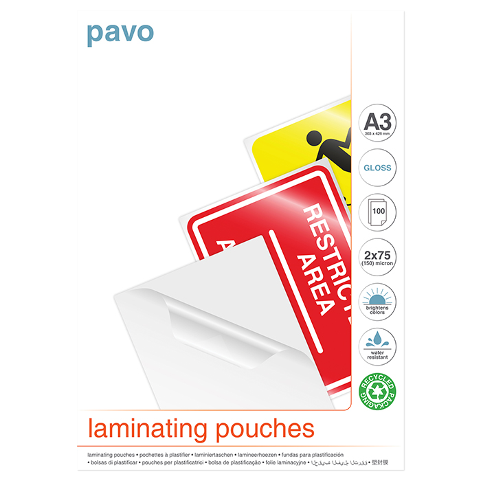 PAVO Laminated transparent pockets 75 my, A3, 303 x 426 mm