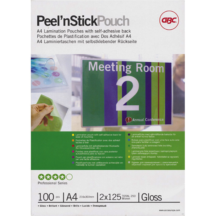 GBC Laminated transparent pockets Peel'nStickPouch 75 my, A4, 216 x 303 mm, glossy
