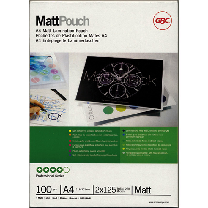 GBC Laminated transparent pockets MattPouch 125 my, A4, 216 x 303 mm