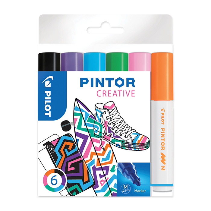 Pilot Pintor Marker 6er Set Creative M: schwarz, violett, hellblau, hellgrün, pink, orange