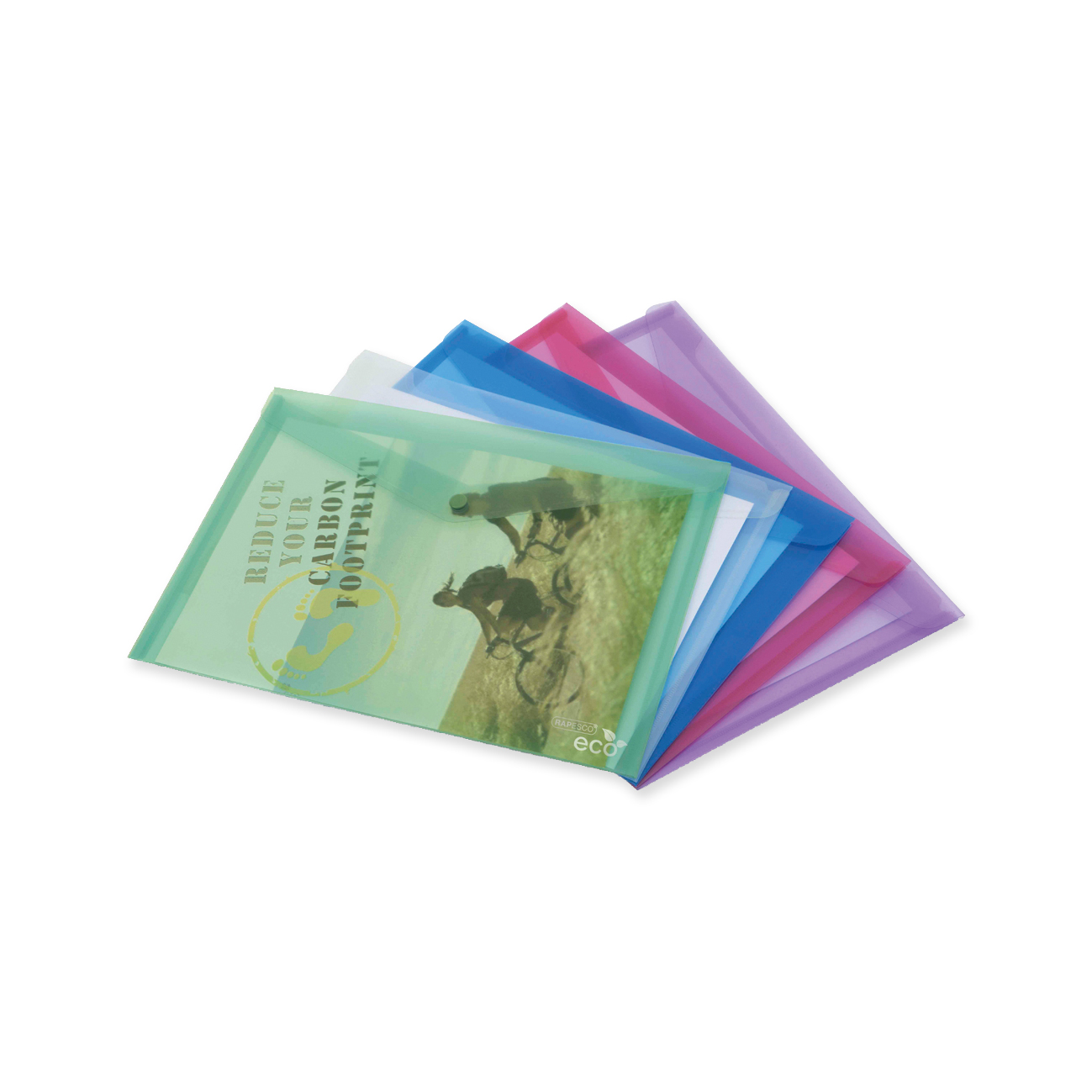 Rapesco Eco Dokumentenmappe mit Druckknopf assortiert (grün, farblos, blau, pink, violett)