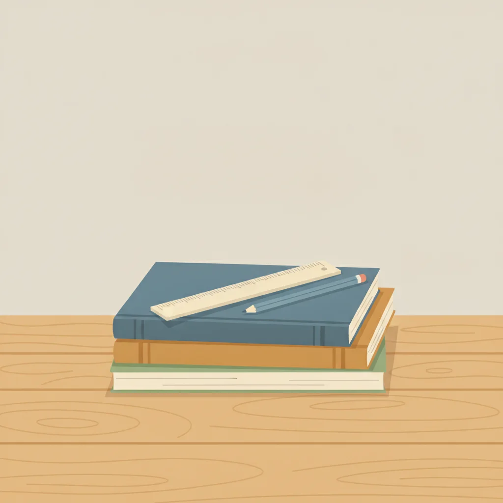 Illustration: a neat pile of school exercise books with a ruler and a pencil on a wooden desk
